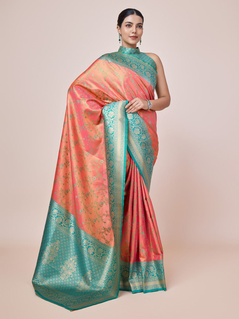 Monjolika Fashion Peach Banarasi Tissue Silk SareeWith Zari Woven Work