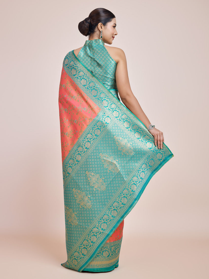 Monjolika Fashion Peach Banarasi Tissue Silk SareeWith Zari Woven Work