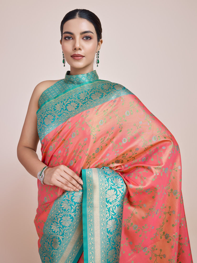 Monjolika Fashion Peach Banarasi Tissue Silk SareeWith Zari Woven Work