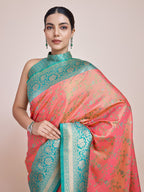 Monjolika Fashion Peach Banarasi Tissue Silk SareeWith Zari Woven Work