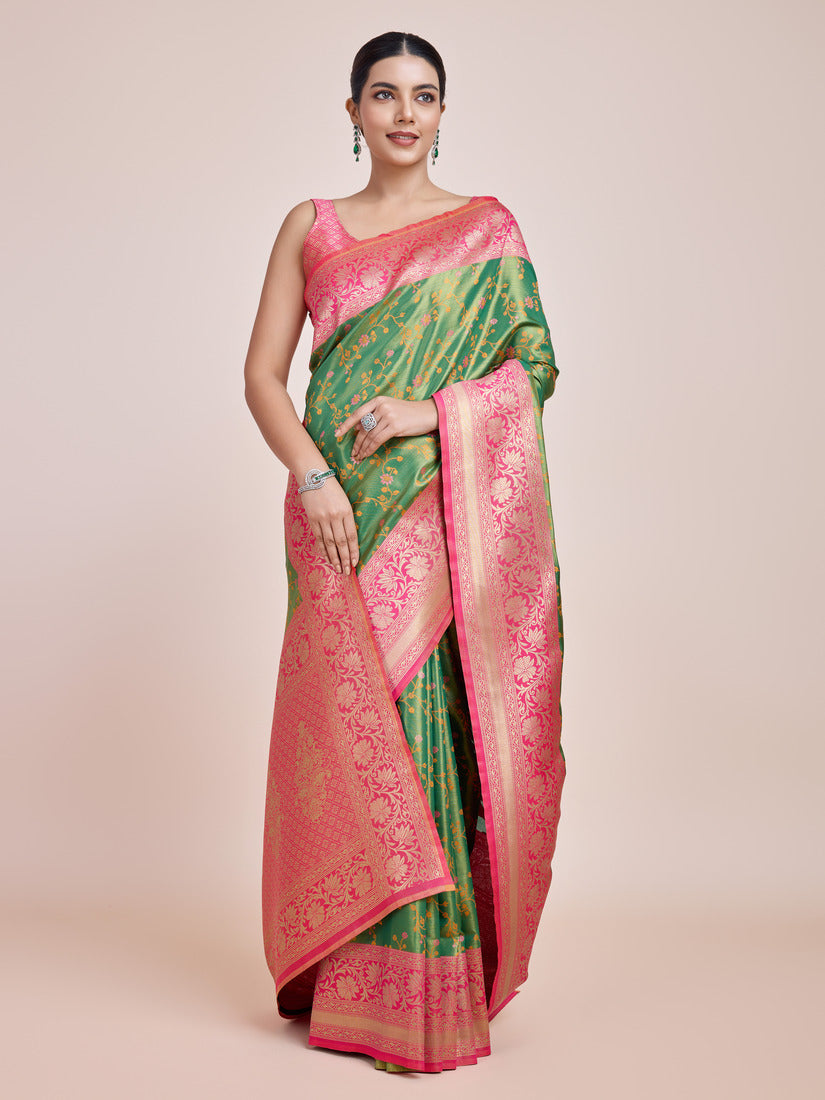Monjolika Fashion Green Banarasi Tissue Silk SareeWith Zari Woven Work - Distacart