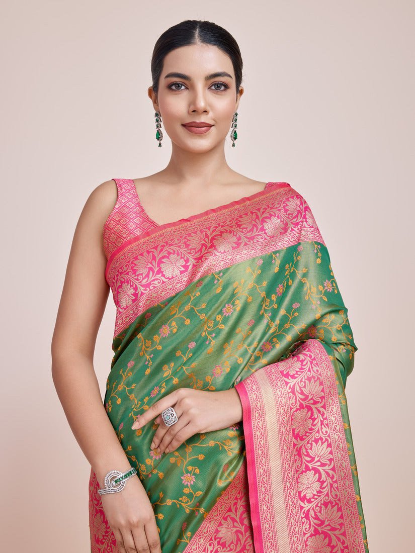 Monjolika Fashion Green Banarasi Tissue Silk SareeWith Zari Woven Work - Distacart