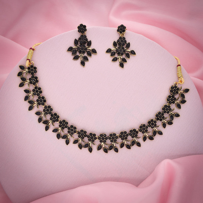 Tehzeeb Creations Special Exquisite White & Black Studded Gold-Polished Choker Necklace Set & Pair of Earring Set