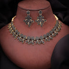 Tehzeeb Creations Special Exquisite White & Black Studded Gold-Polished Choker Necklace Set & Pair of Earring Set