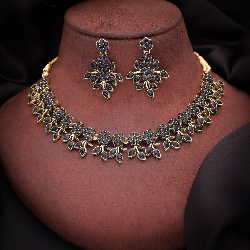Tehzeeb Creations Special Exquisite White & Black Studded Gold-Polished Choker Necklace Set & Pair of Earring Set