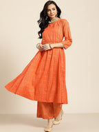 Sangria Women Orange and Golden Ethnic Printed Pure Cotton Kurta with Palazzos