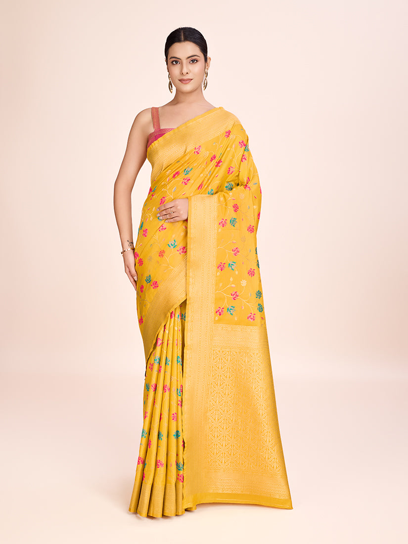 Monjolika Fashion Exquisite Designs With This Regal Yellow Rich Look Banarasi Tissue Silk Saree