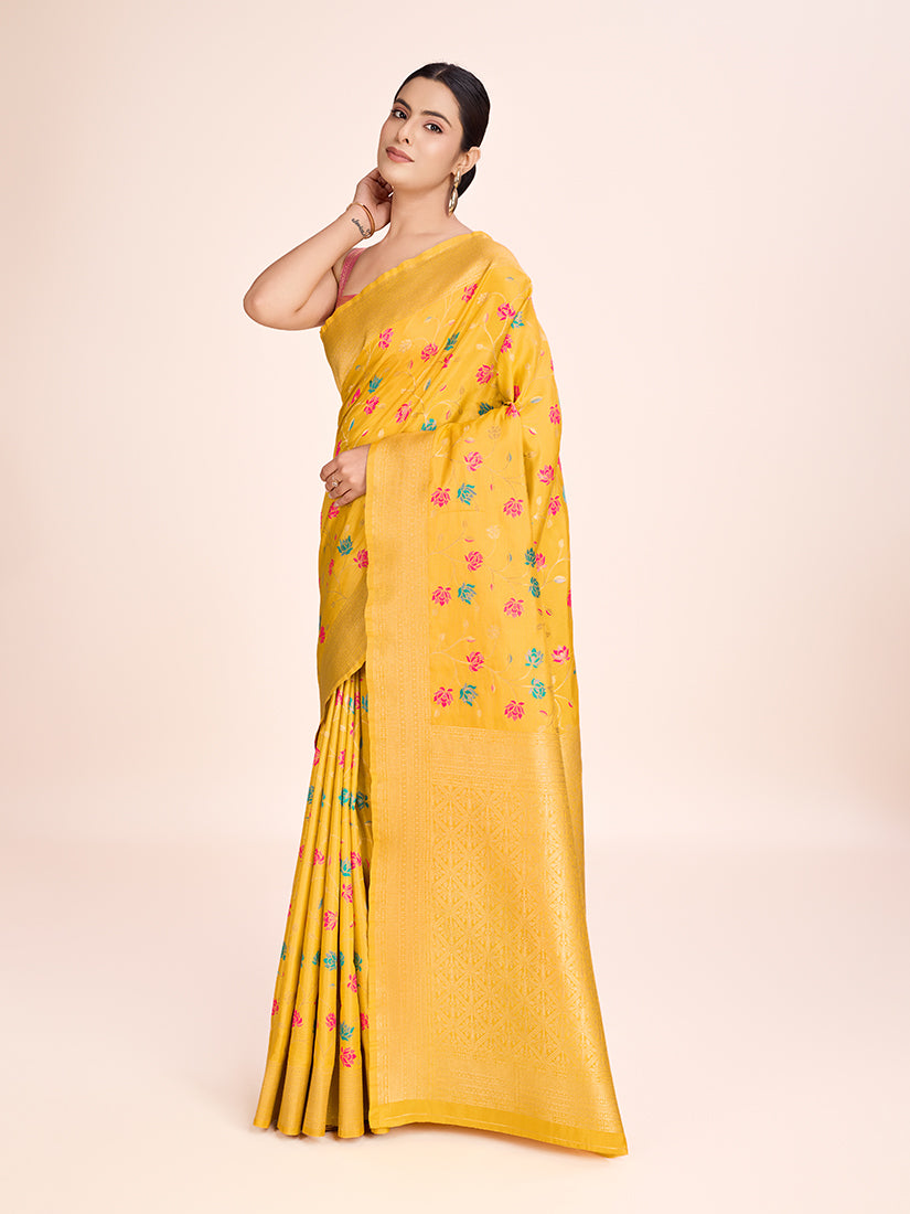 Monjolika Fashion Exquisite Designs With This Regal Yellow Rich Look Banarasi Tissue Silk Saree