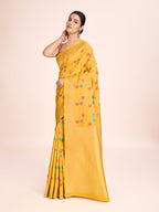 Monjolika Fashion Exquisite Designs With This Regal Yellow Rich Look Banarasi Tissue Silk Saree