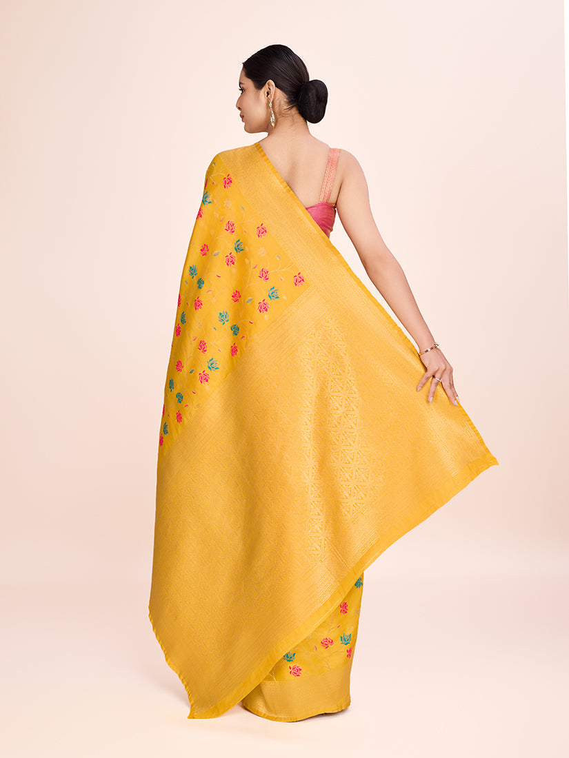 Monjolika Fashion Exquisite Designs With This Regal Yellow Rich Look Banarasi Tissue Silk Saree