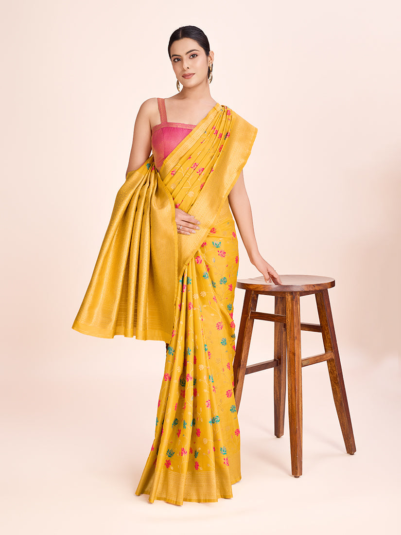 Monjolika Fashion Exquisite Designs With This Regal Yellow Rich Look Banarasi Tissue Silk Saree
