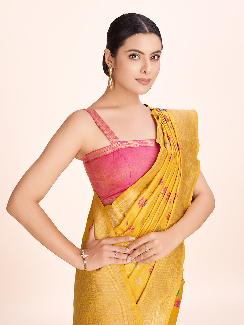 Monjolika Fashion Exquisite Designs With This Regal Yellow Rich Look Banarasi Tissue Silk Saree