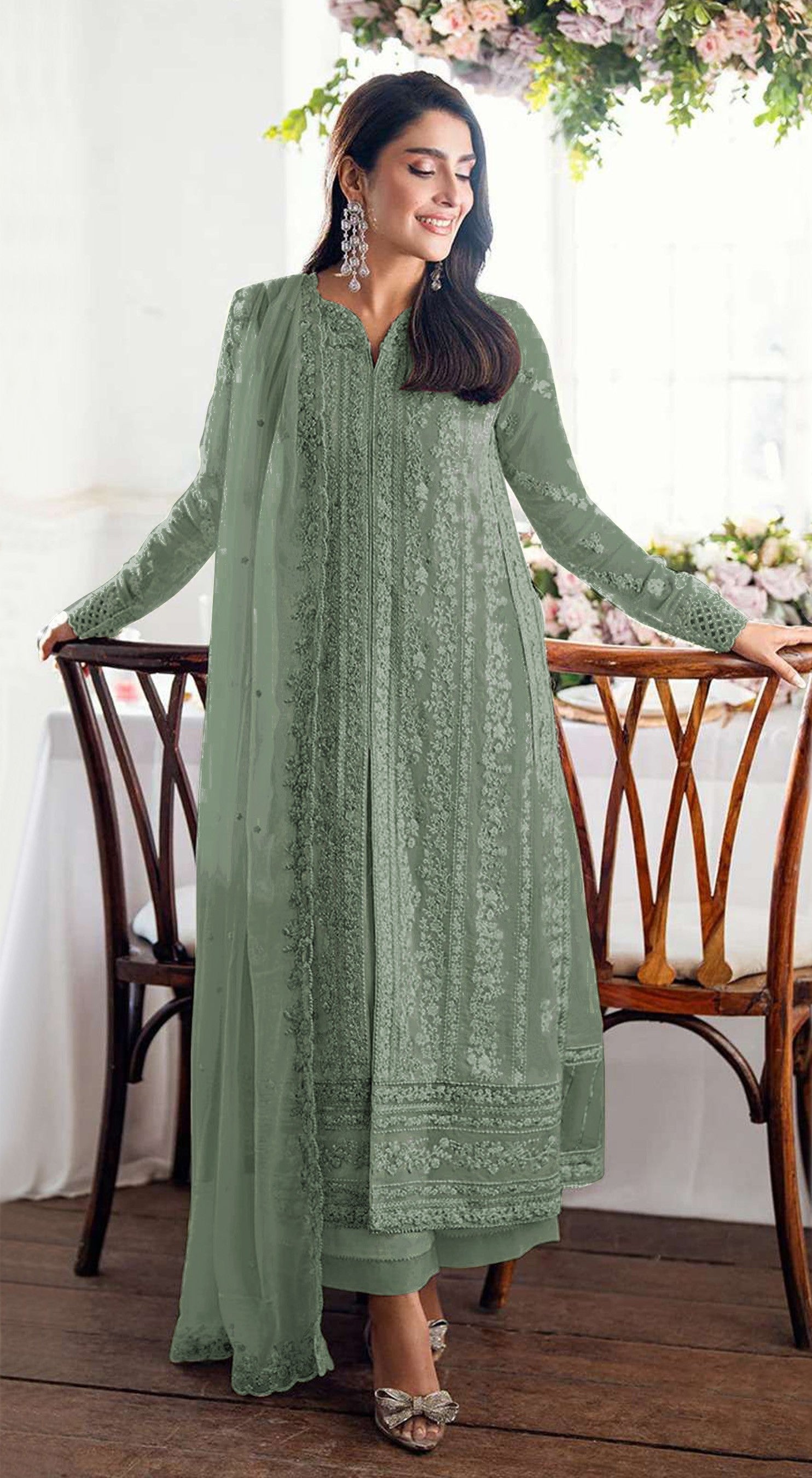 Anaita Teal Green Faux Georgette Suit With Embroidery Sequence & Khatli Work - Distacart