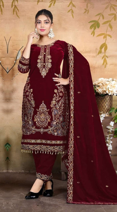 Anaita Red Velvet Suit With Embroidery & Zarkan Work