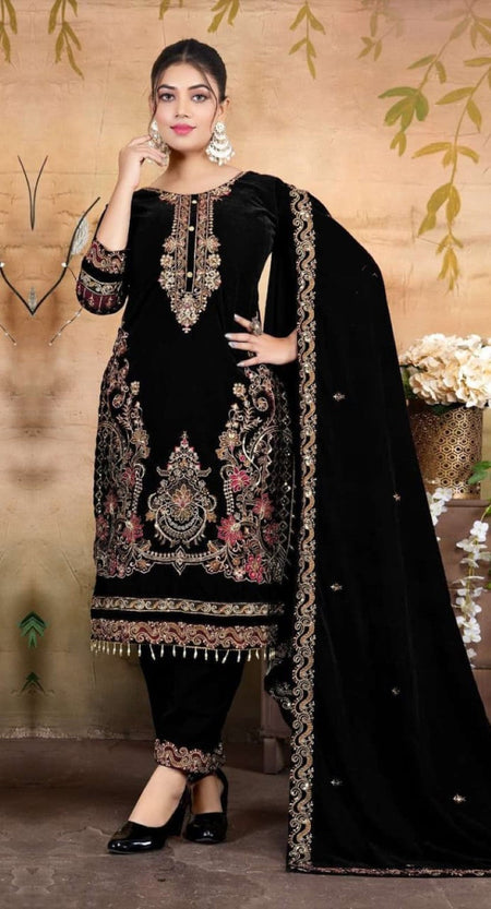 Anaita Black Velvet Suit With Embroidery & Zarkan Work