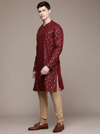 House of Pataudi Ethnic Motifs Embroidered Pure Cotton Sequinned Jashn Kurta