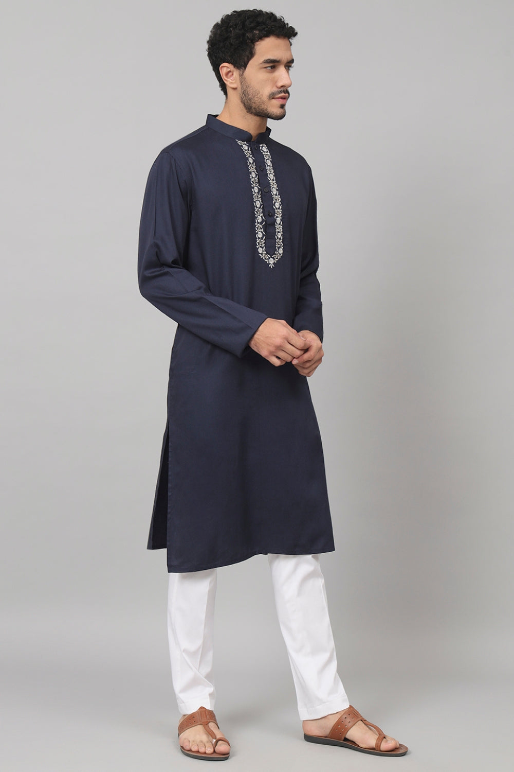 Neckline Embroidered Cotton Kurta by Hilo Design