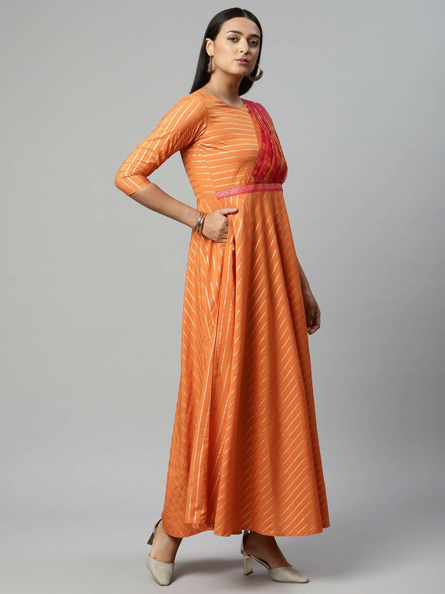 Ahalyaa Women's Orange Crepe Gold Print Dress - Distacart