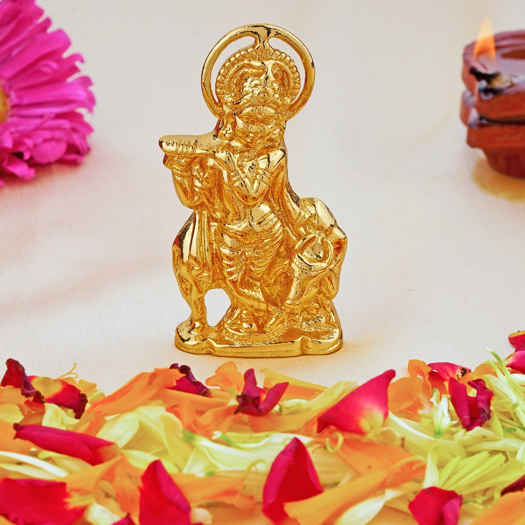 Estele Gold-Polished God of love Sri Krishna Idol with Kamdhenu for Home/Car decor