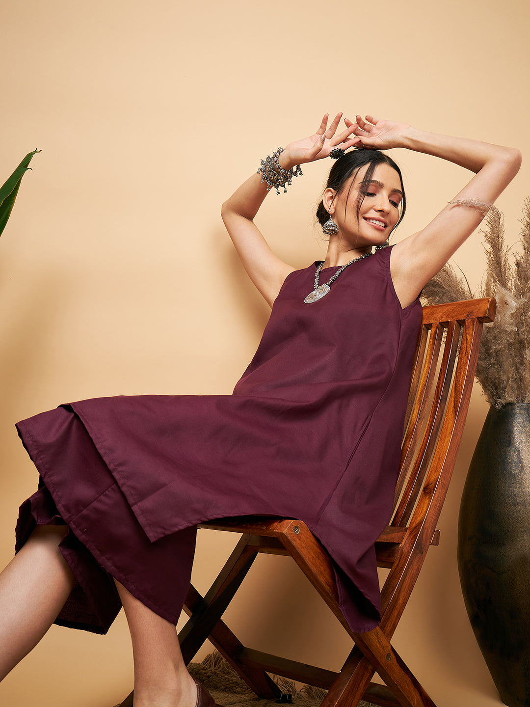InWeave Women's Wine Solid Short Kurta Palazzo Set