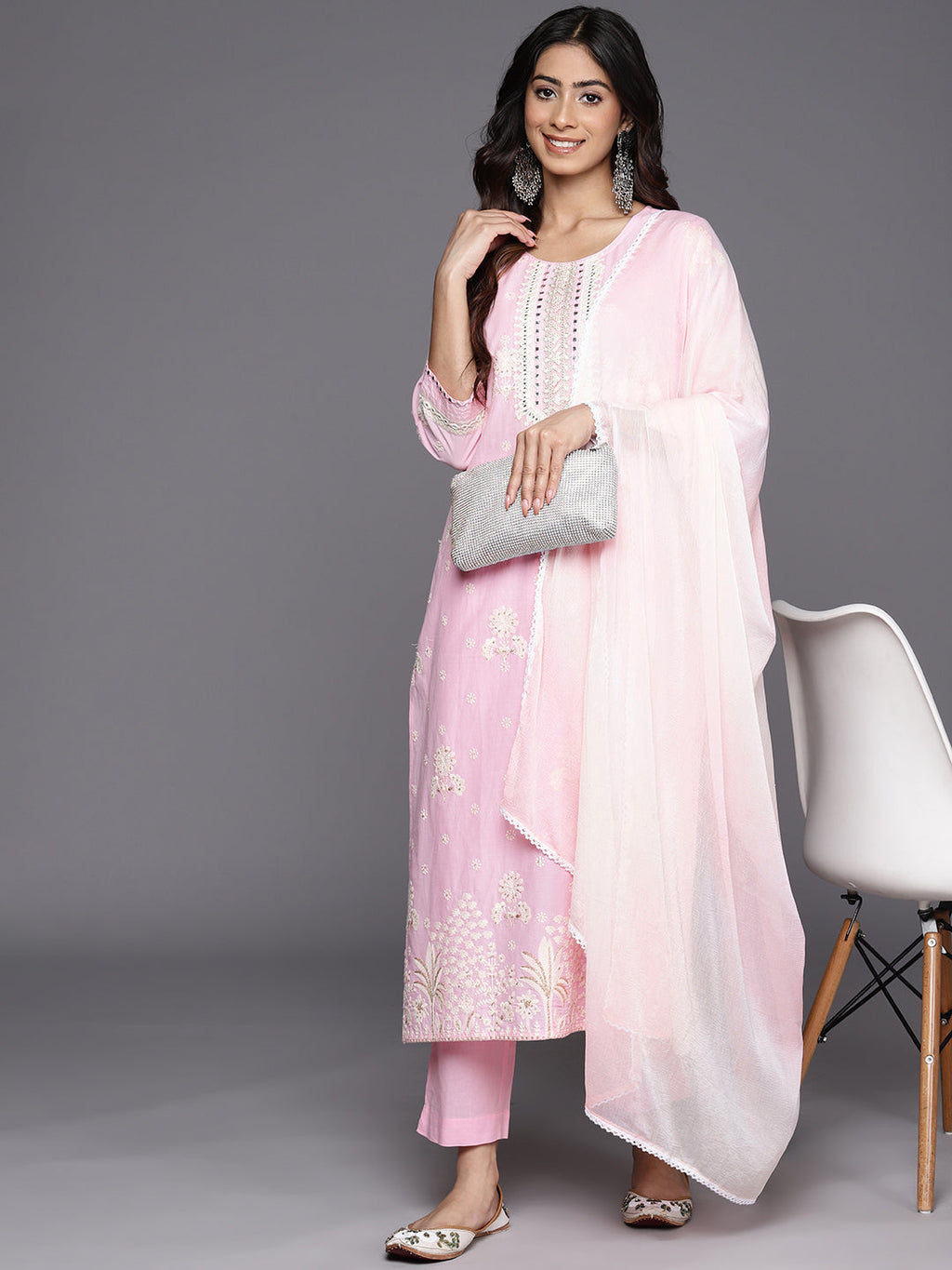 KSUT (House of Varanga) Pink Thread And Mirror Embroidered Kurta Paired With Straight Trouser And Chiffon Dupatta - Distacart