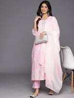 KSUT (House of Varanga) Pink Thread And Mirror Embroidered Kurta Paired With Straight Trouser And Chiffon Dupatta - Distacart