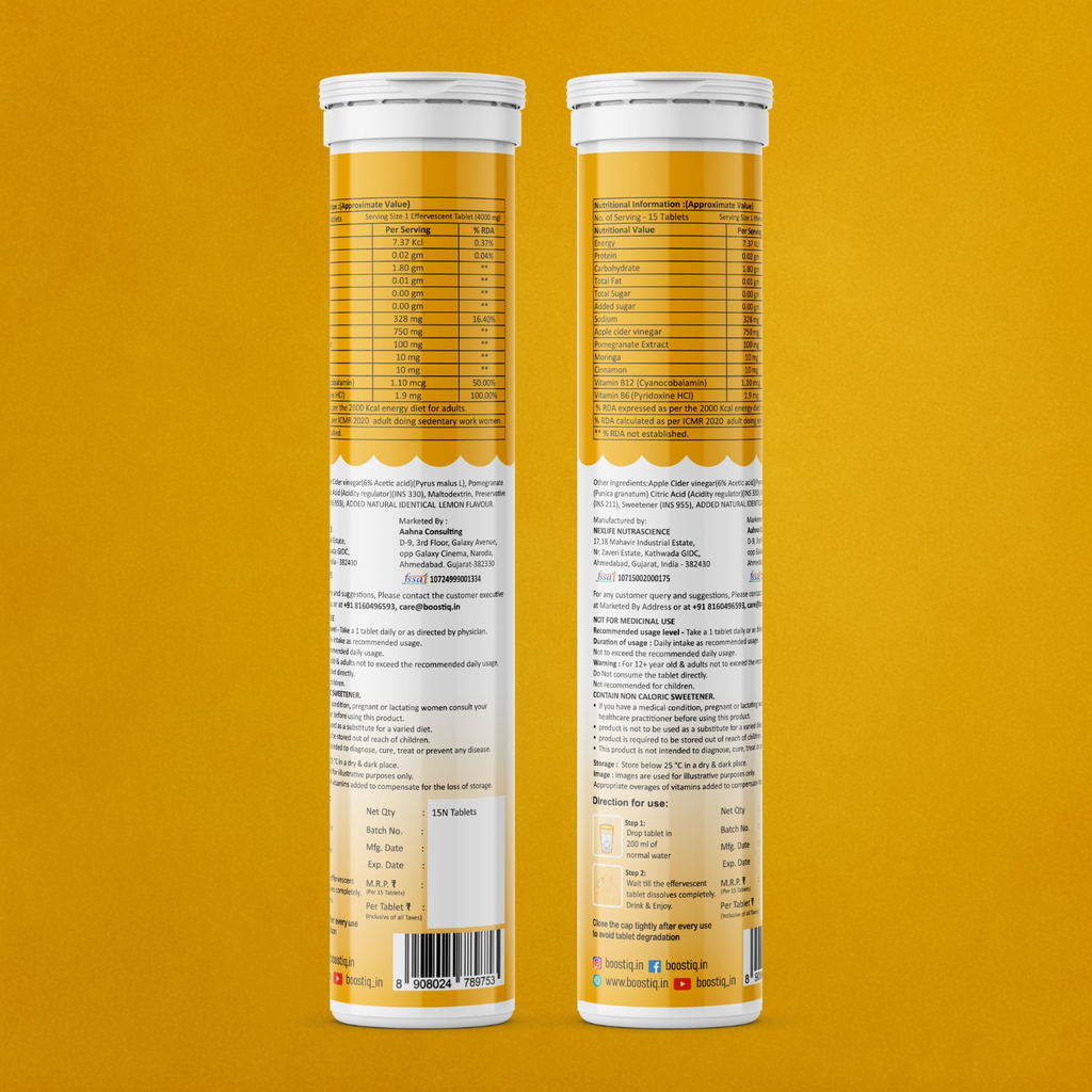 BOOSTIQ ACV Moringa & Cinnamon Effervescent Tablets - Lemon Flavour