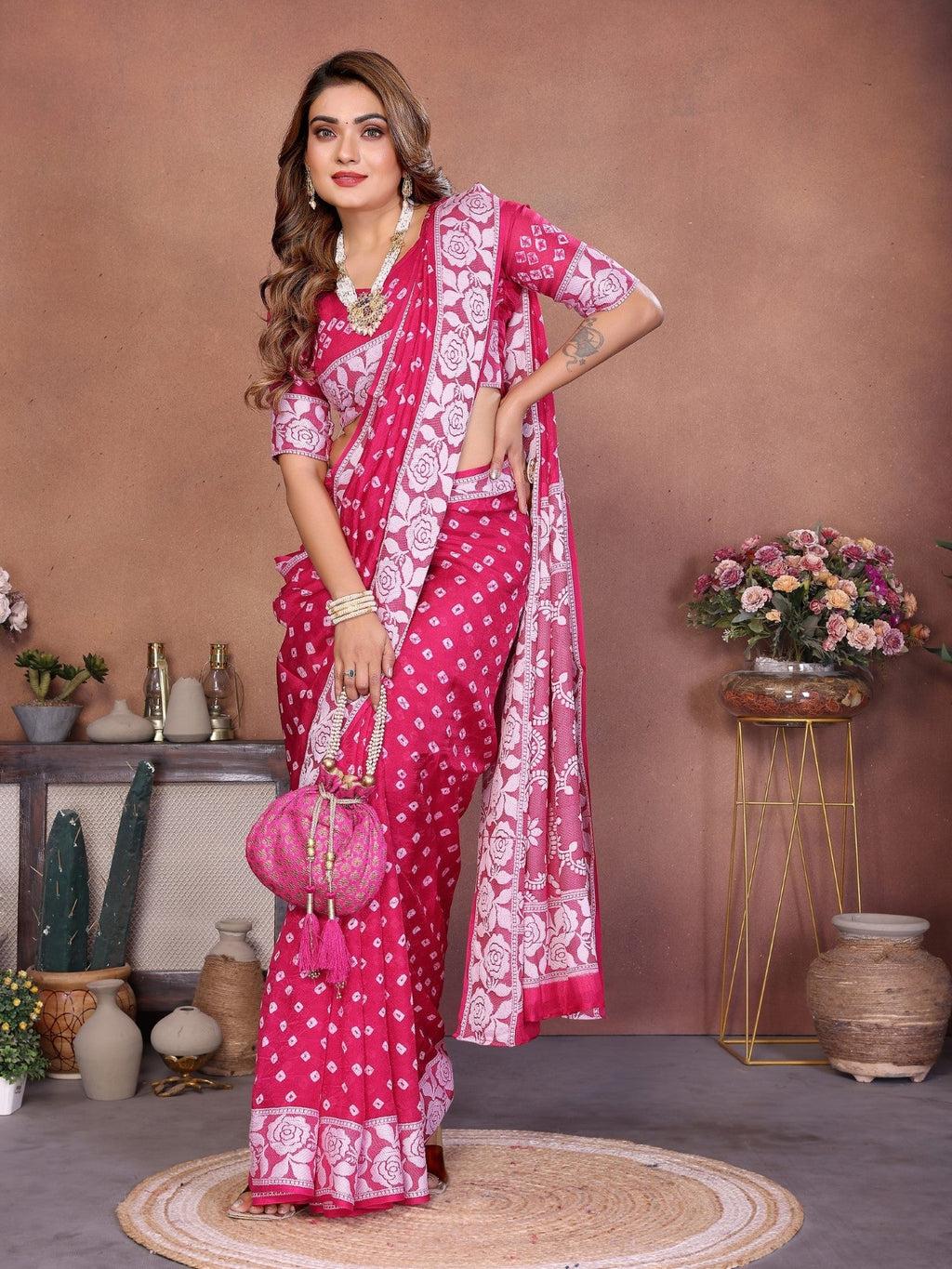 Anaita Pink Handmade Bandhej Viscose Silk Saree With Blouse - Distacart