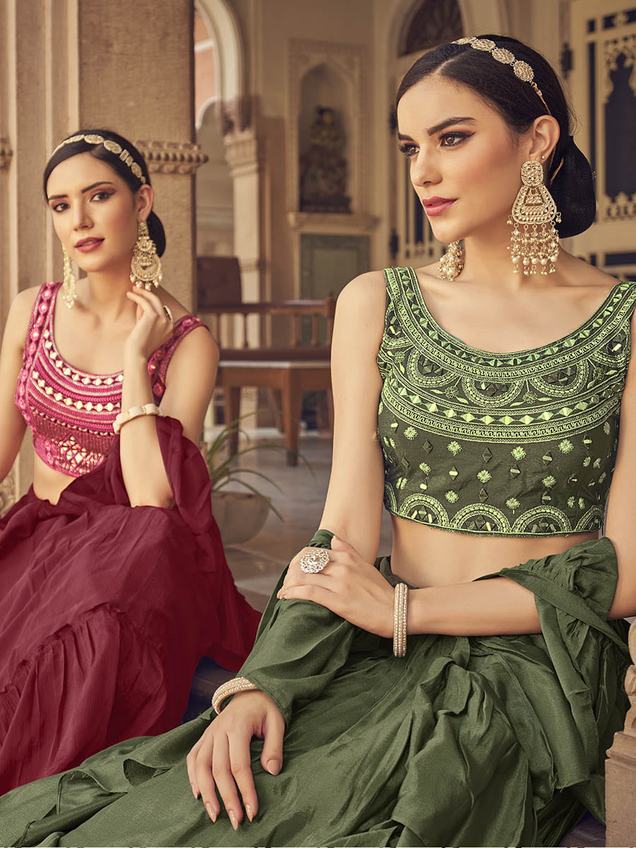 Myra Olive Chinon & Art SIlk Embroidered Designer Lehenga Choli