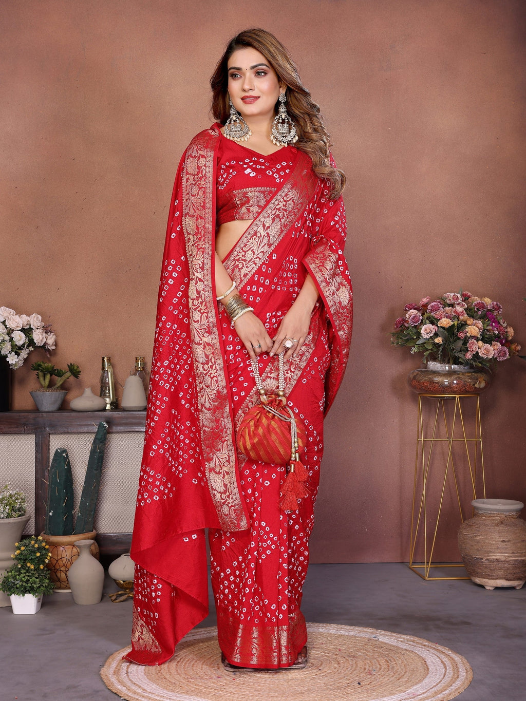 Anaita Red Handmade Bandhej Viscose Silk Saree With Blouse - Distacart