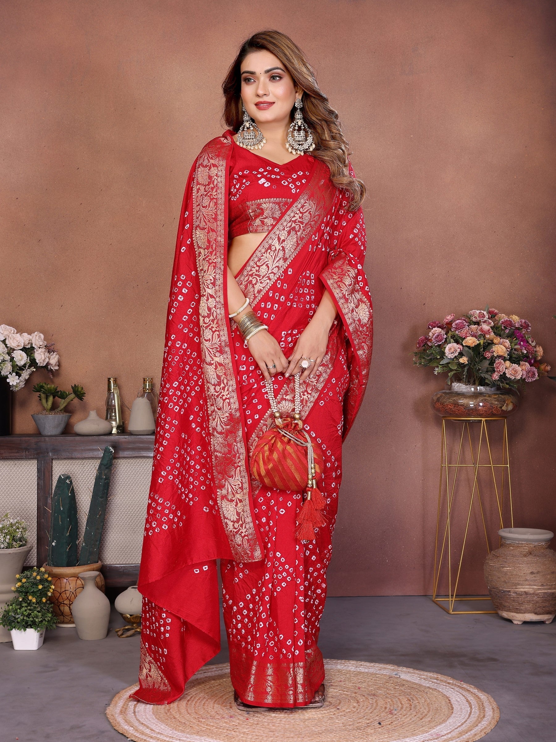 Anaita Red Handmade Bandhej Viscose Silk Saree With Blouse - Distacart
