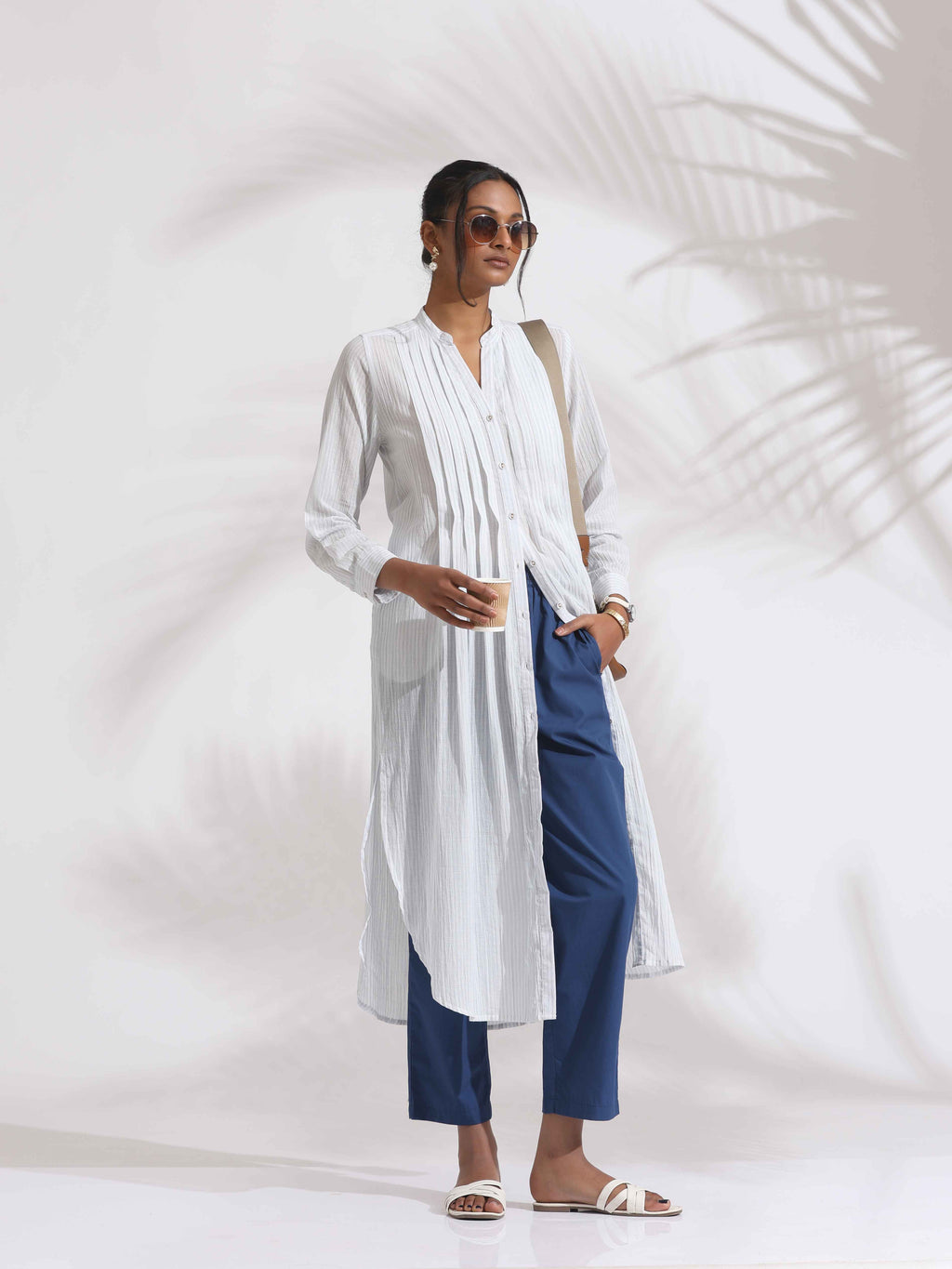 trueBrowns White Cotton Stripe Pleated Shirt Kurta Set - Distacart
