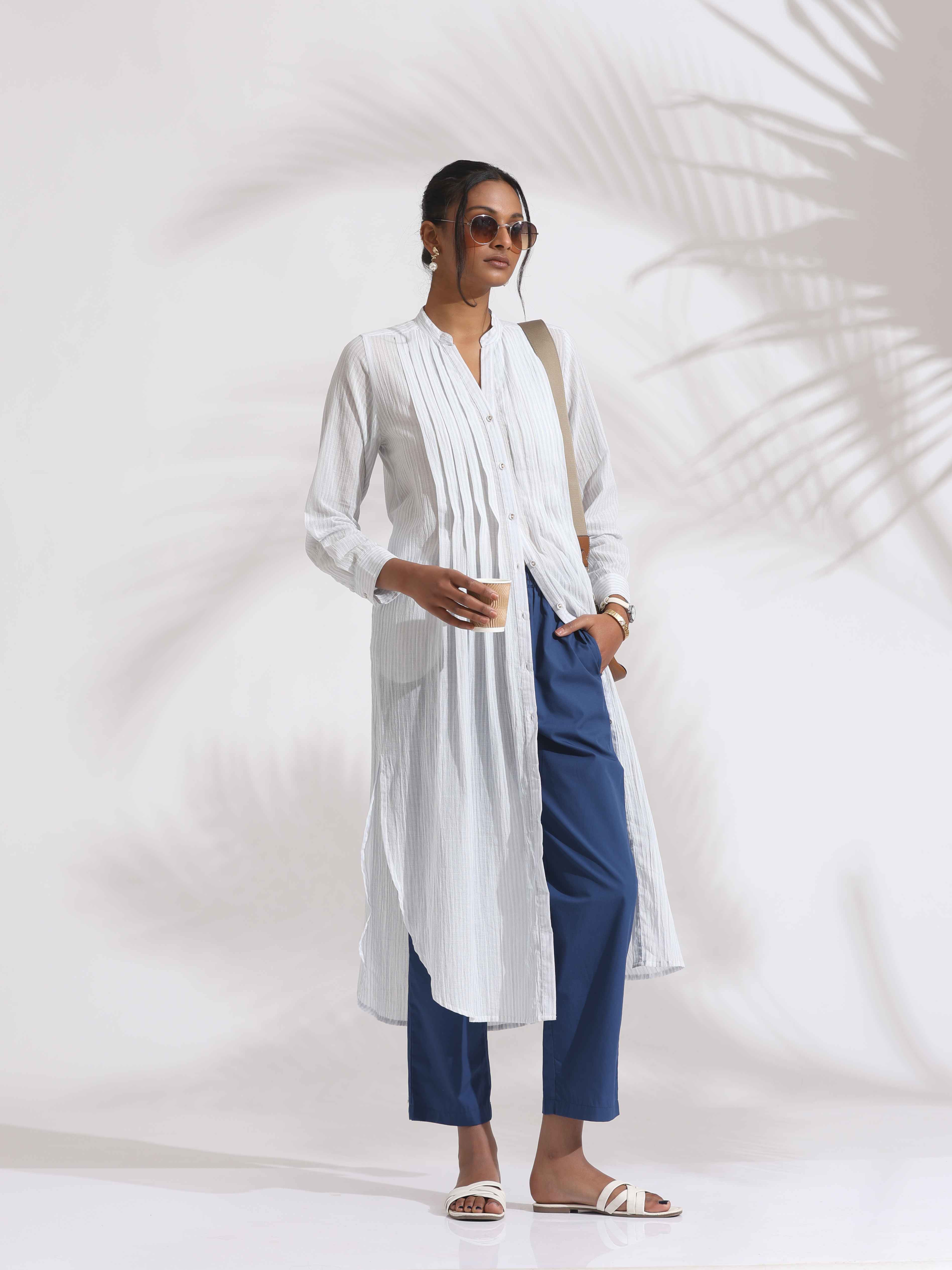 trueBrowns White Cotton Stripe Pleated Shirt Kurta Set - Distacart