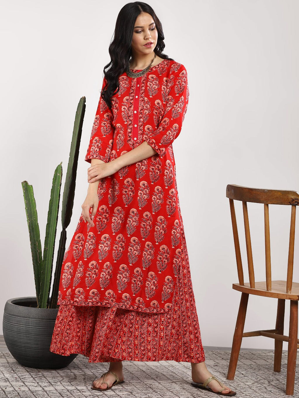Sangria Women Red Printed Kurta with Palazzos