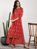 Sangria Women Red Printed Kurta with Palazzos