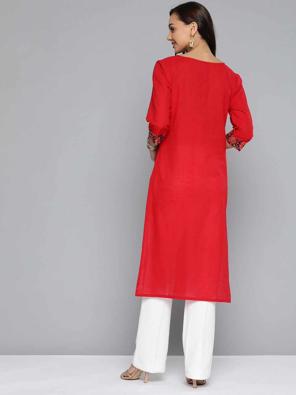 HERE&NOW Women Red & Black Yoke Design Pure Cotton Kurta