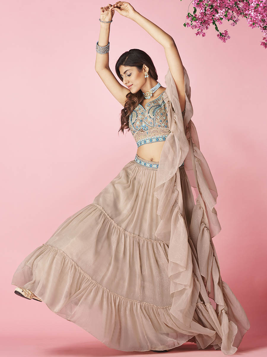 Myra Rose Taupe Art Silk Designer Lehenga