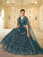 Myra Rama Blue Soft Net Embroidered Lehenga