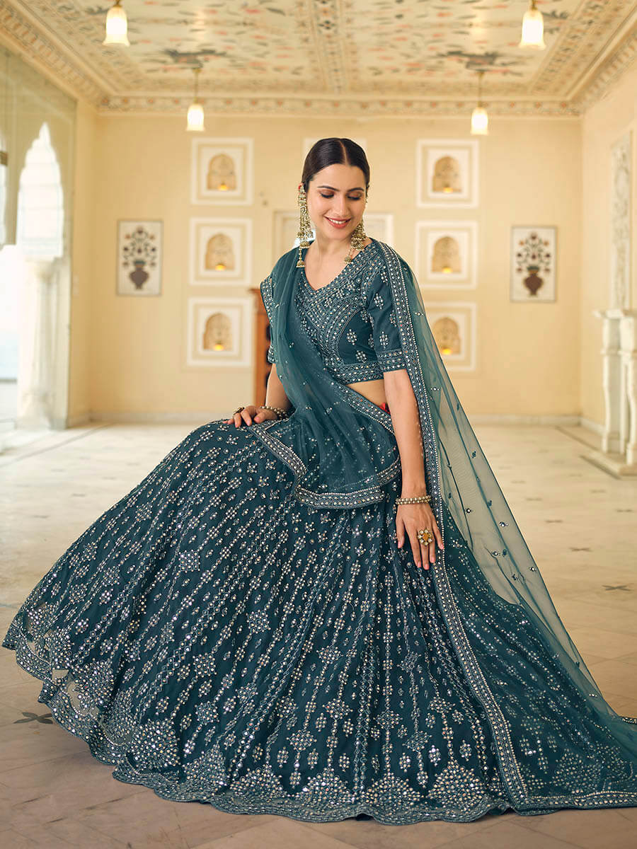 Myra Rama Blue Soft Net Embroidered Lehenga