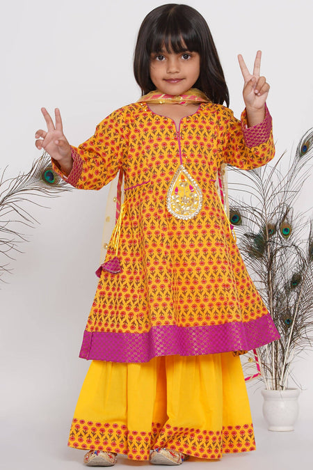 Little Bansi Girls Cotton Kurta frock with booti work,Sharara & Dupatta - Yellow