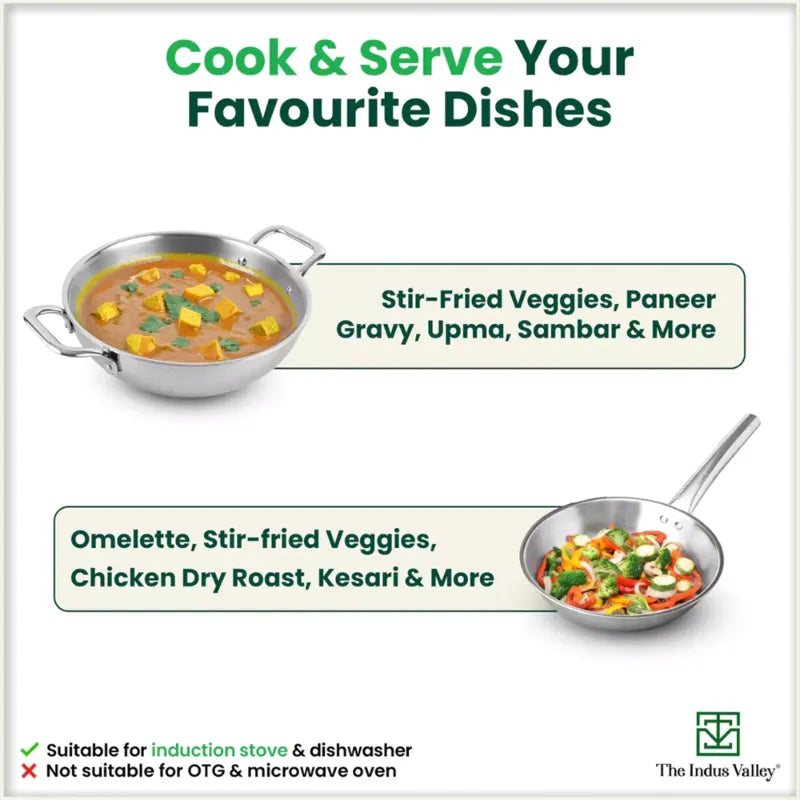 The Indus Valley TurboCuk Tri-ply Stainless Steel Cookware Set: 3L Kadai with Lid + 1.4L Fry Pan, Premium Quality, 3 Layer Thick Body, 100% Toxin-free, Non-stick, Induction & Gas - Distacart