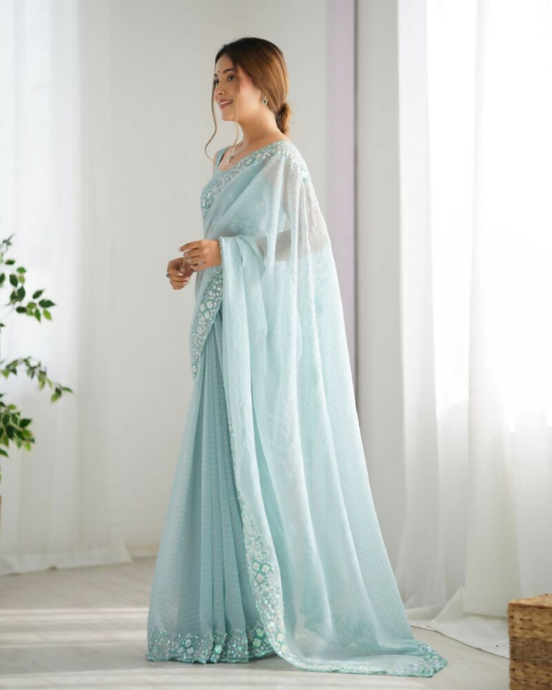 Georgette Designer Sequance Embroidery Work Party Wear Saree - Sky Blue