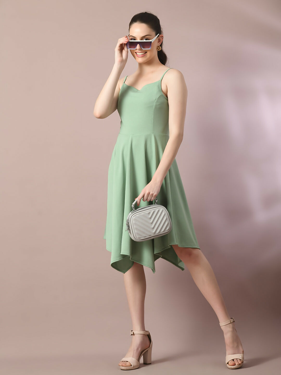 Myshka Women's Sea Green Solid Shoulder Straps Fit and Flare Party Dress - Distacart