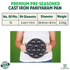 The Indus Valley 12 Pit/Cup CASTrong Cast Iron Kuzhi Paniyaram/Paddu Pan/Appe Maker, Pre-seasoned, 100% Pure, Toxin-free, Spatula, 21 cm, 2.2 kg