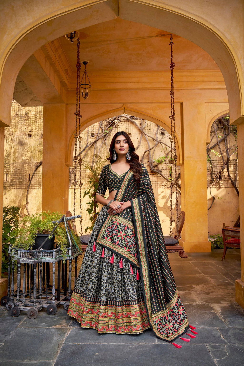 Lorenvalley Fashion Black Tasar Silk Iconic Sparkle with Lace Border Lehenga Choli with Dupatta - Distacart