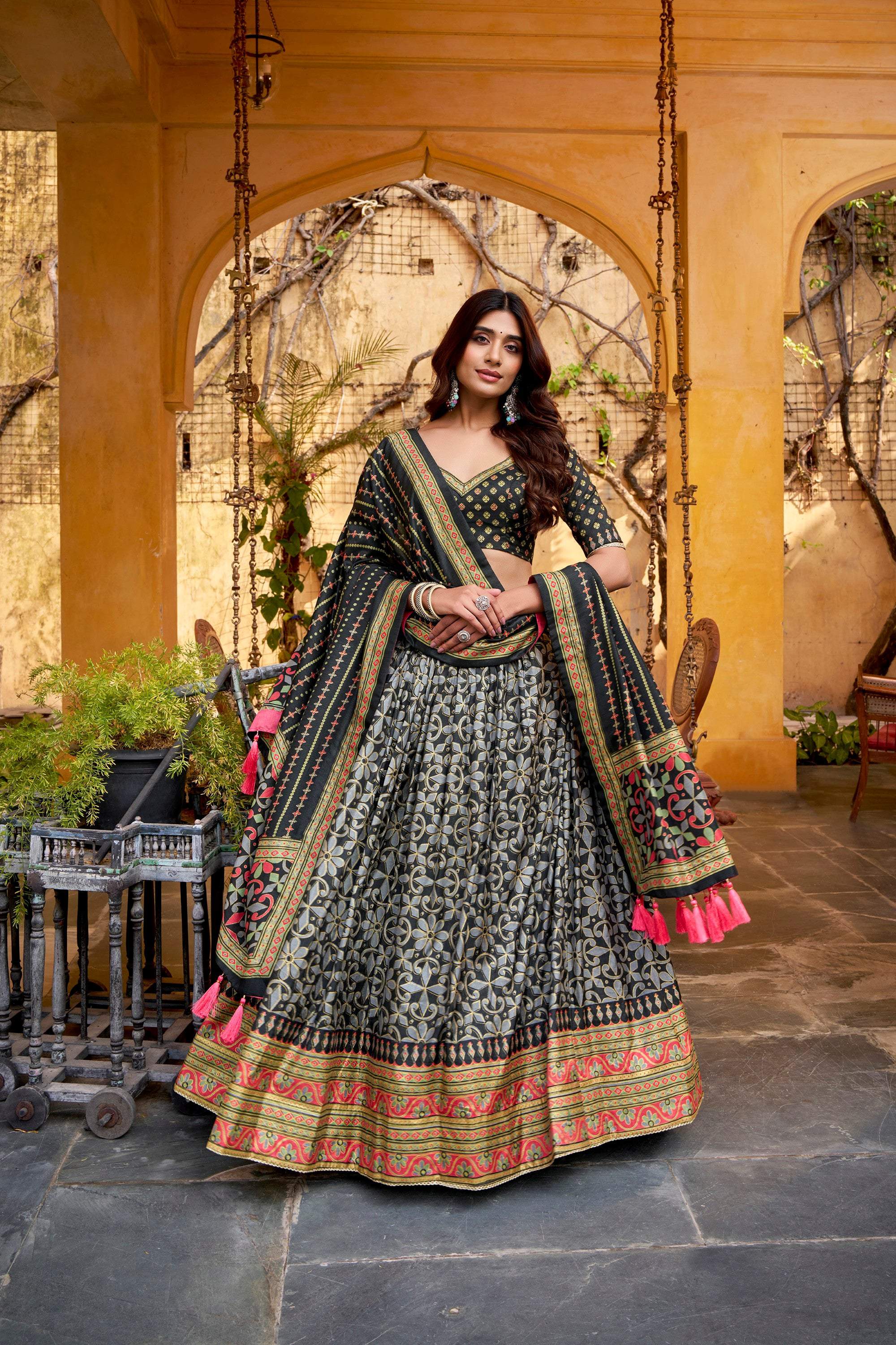 Lorenvalley Fashion Black Tasar Silk Iconic Sparkle with Lace Border Lehenga Choli with Dupatta - Distacart