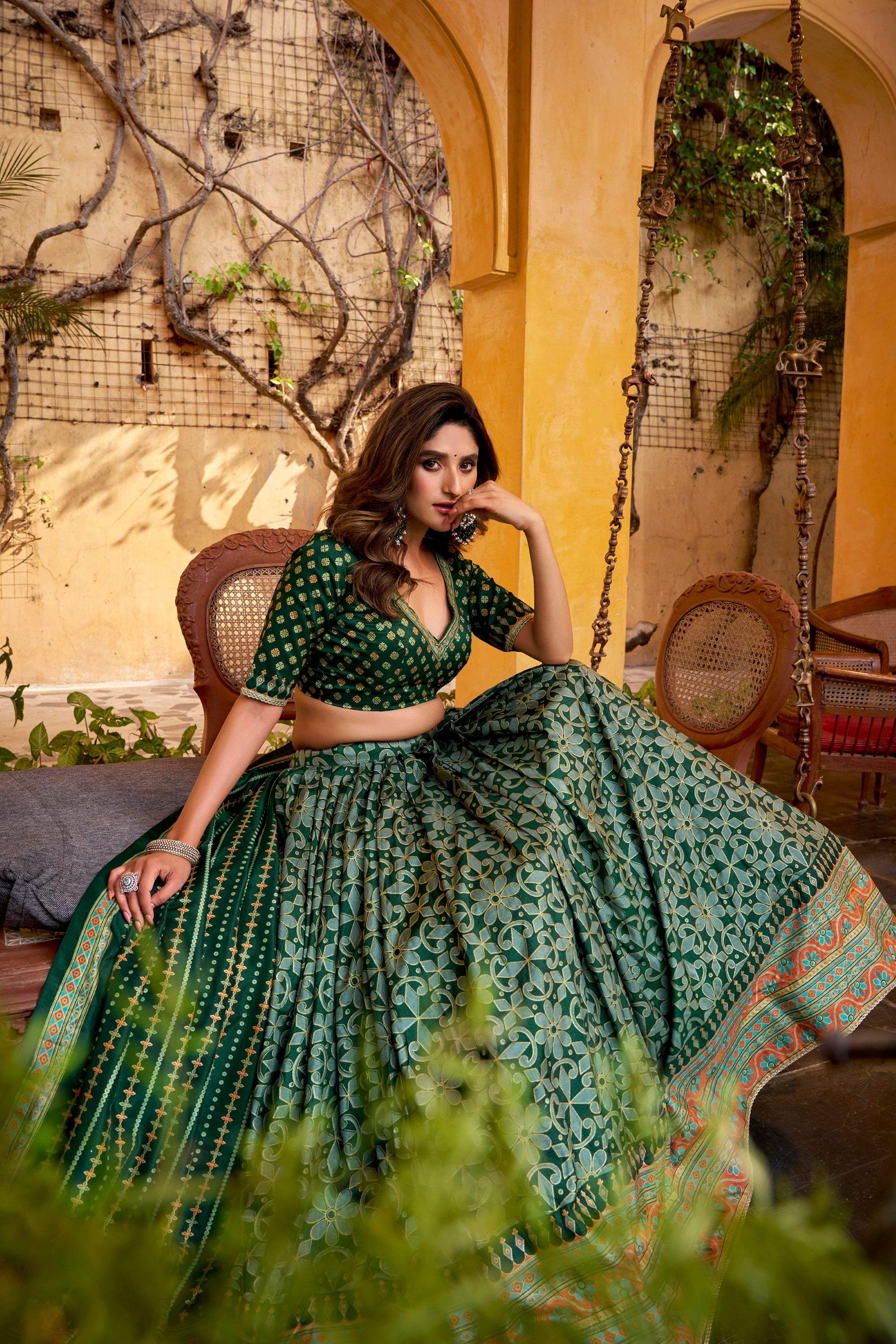 Lorenvalley Fashion Green Tasar Silk Iconic Sparkle with Lace Border Lehenga Choli with Dupatta - Distacart