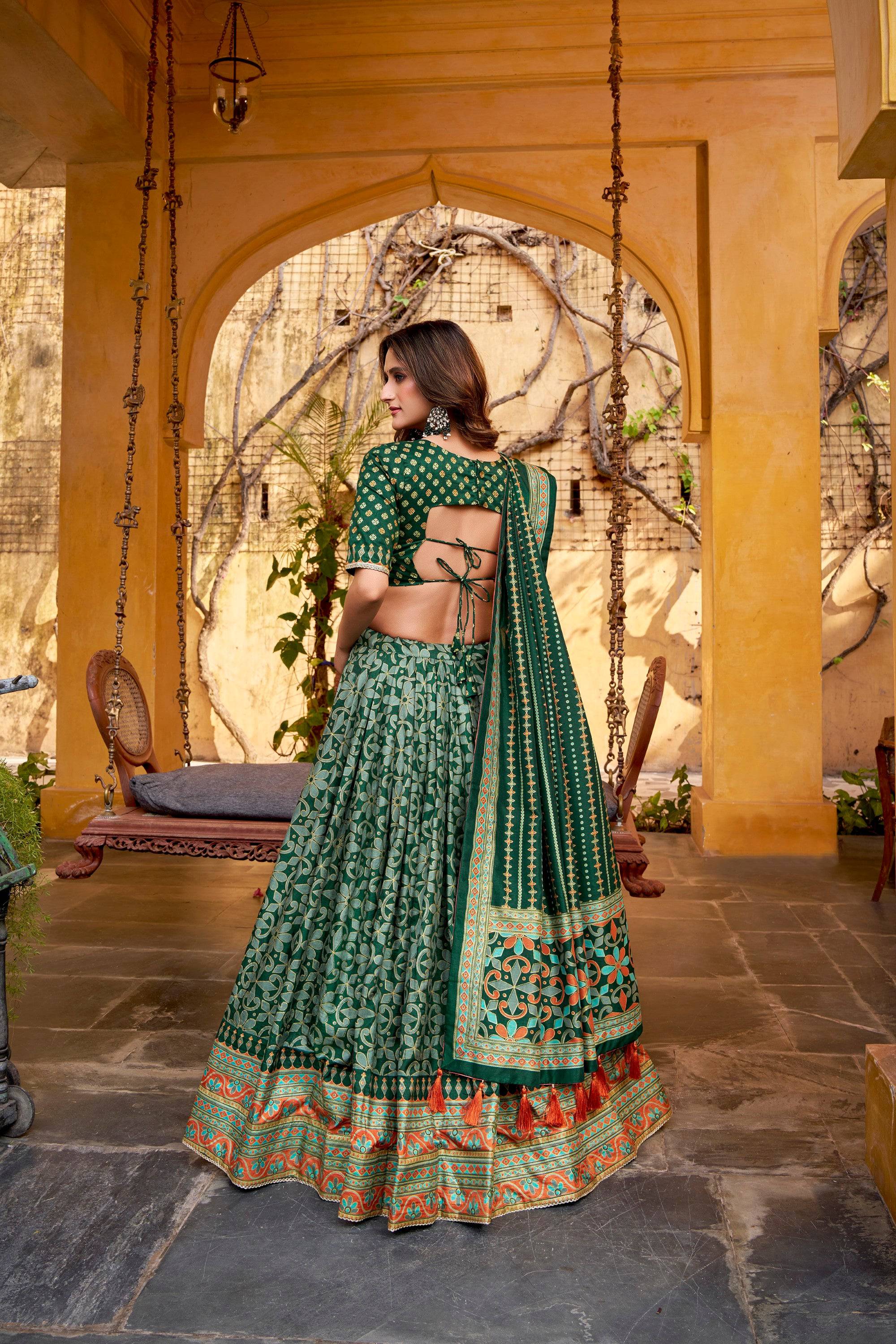 Lorenvalley Fashion Green Tasar Silk Iconic Sparkle with Lace Border Lehenga Choli with Dupatta - Distacart