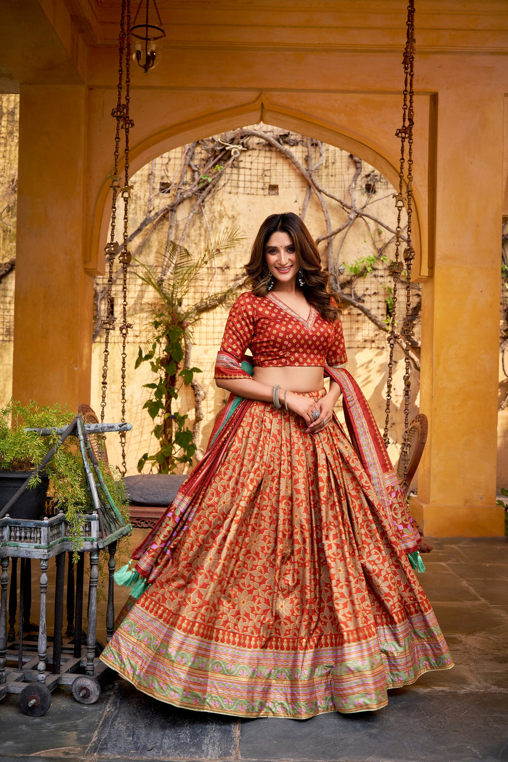 Lorenvalley Fashion Orange Tussar Silk Iconic Sparkle With Lace Border Lehenga Choli with Dupatta - Distacart