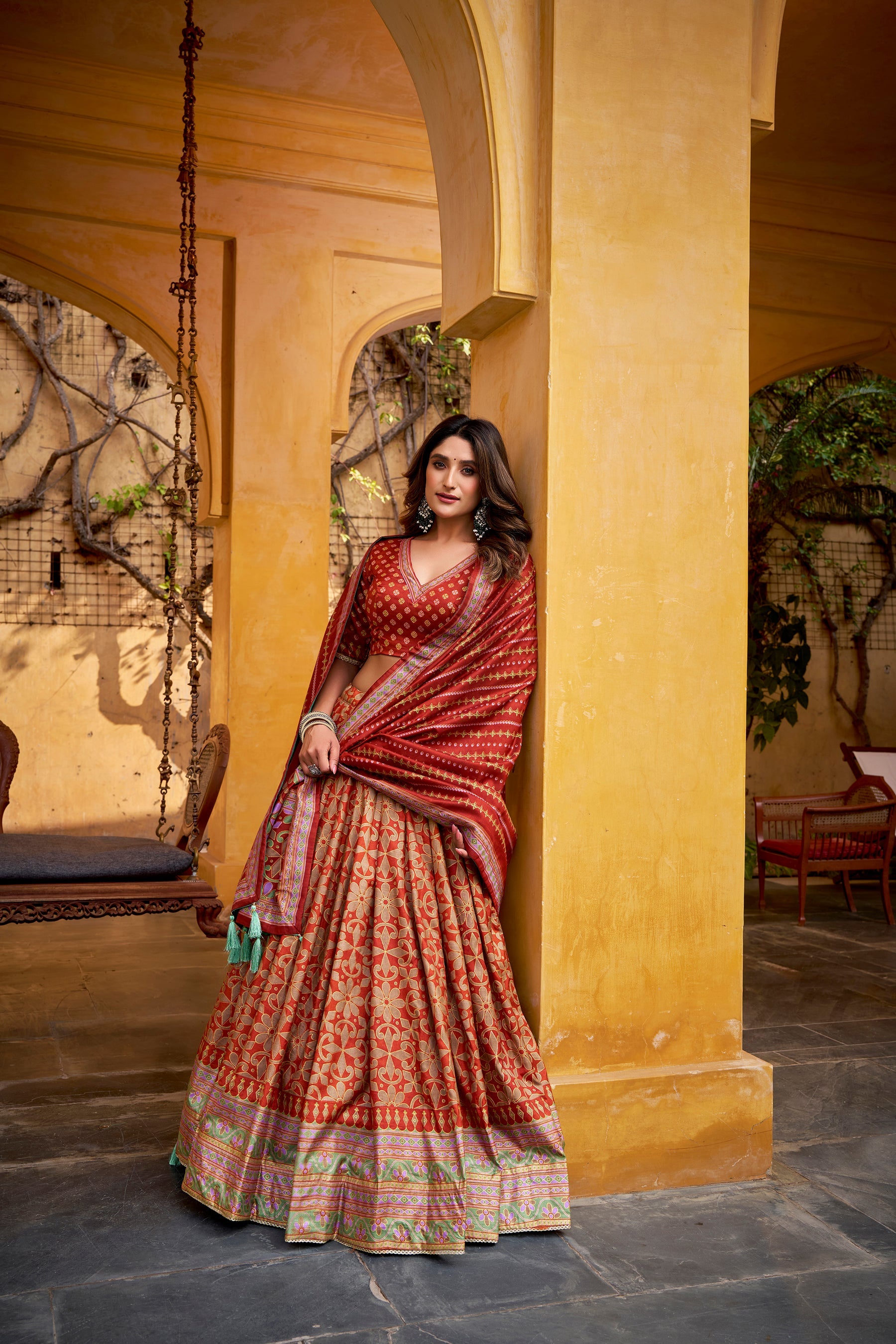 Lorenvalley Fashion Orange Tussar Silk Iconic Sparkle With Lace Border Lehenga Choli with Dupatta - Distacart